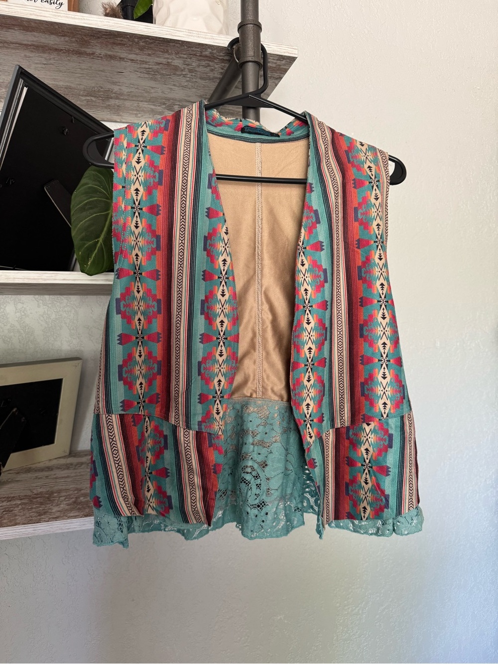 Fashion Express Teal and Red Patterned Open Front Tunic Vest